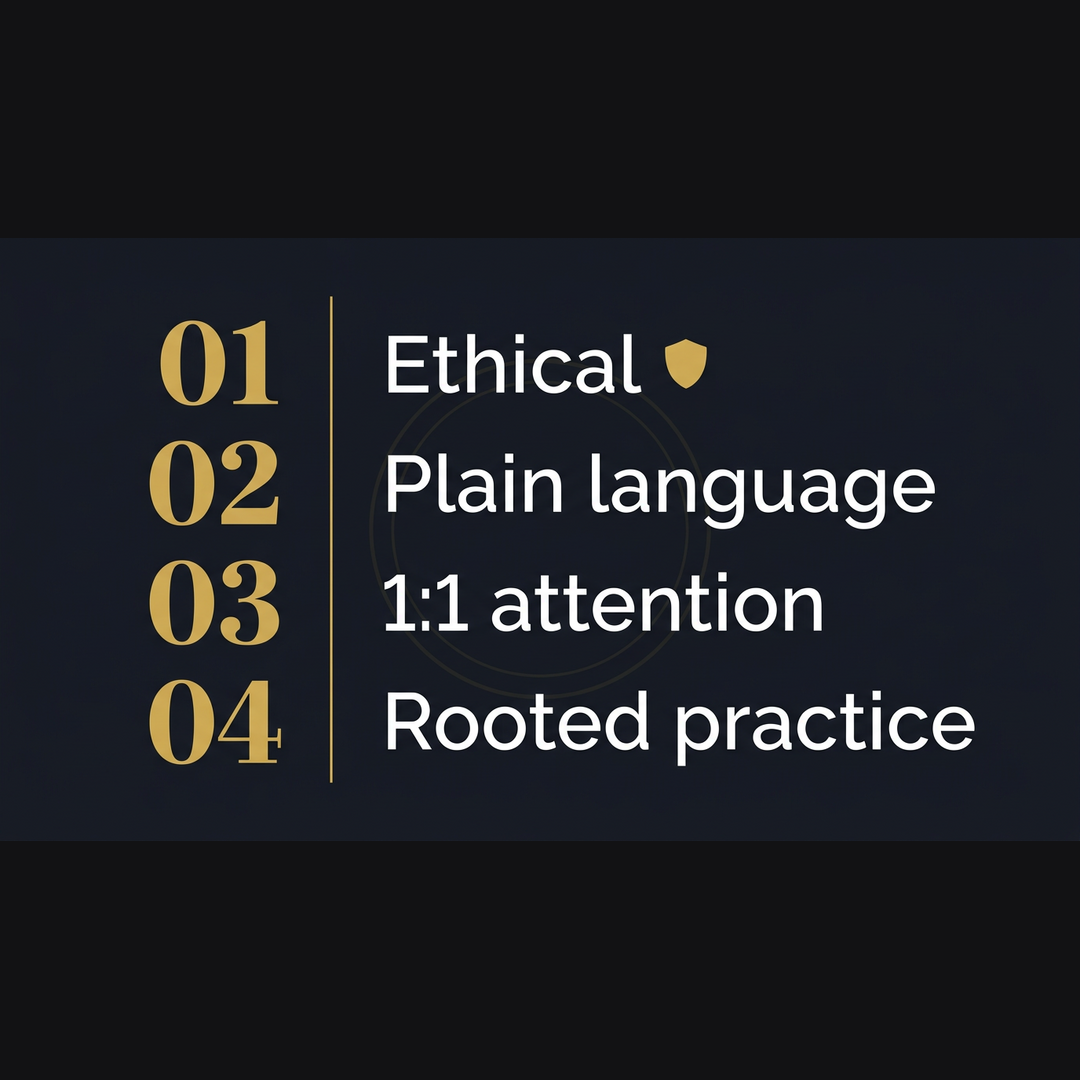 Graphic summarizing four session qualities: ethical framing, plain language, one-to-one attention, and rooted practice.