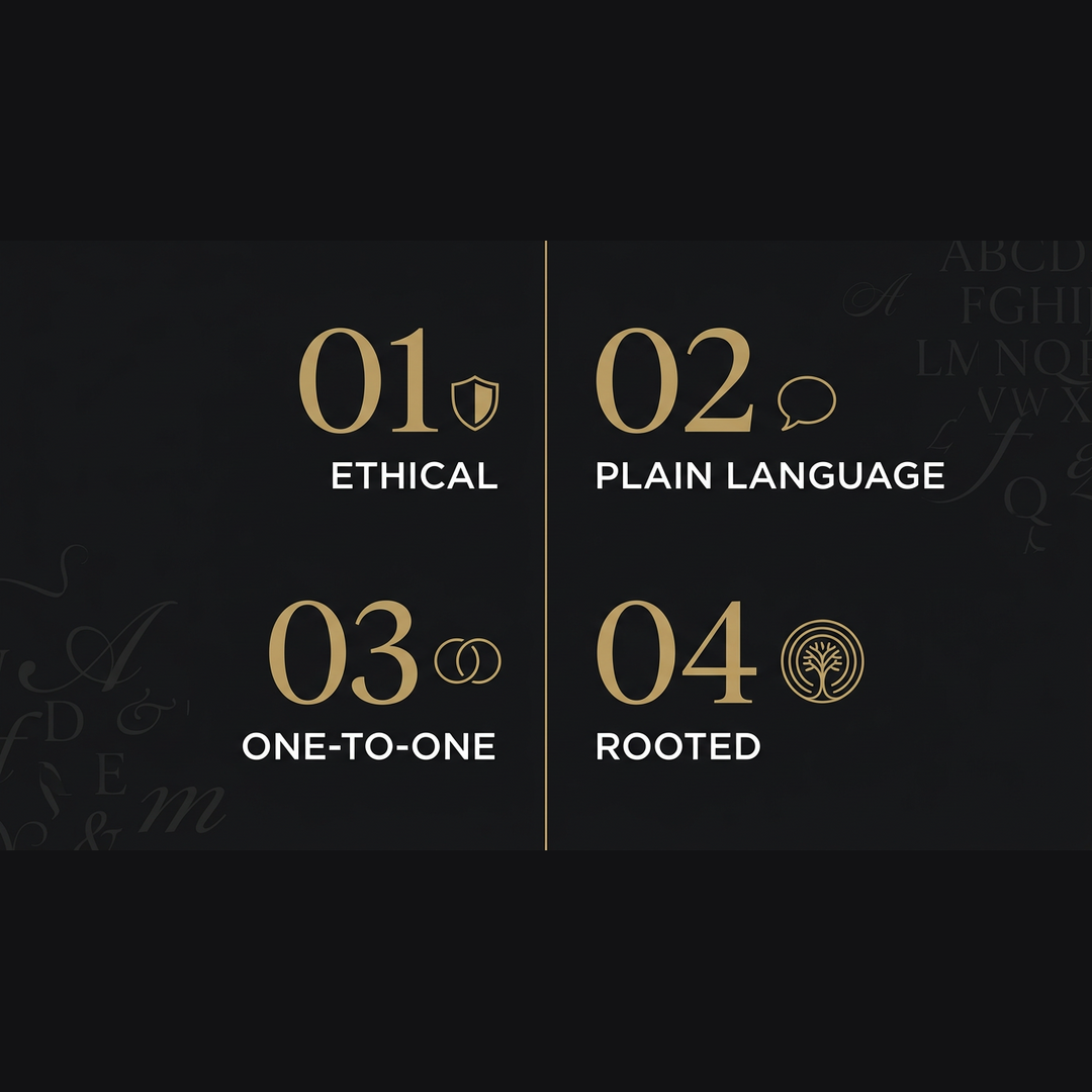 Graphic summarizing four session qualities: ethical framing, plain language, one-to-one attention, and rooted practice.