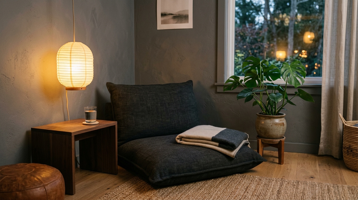 Soft lamplight on a cushion, blanket, water, and plant — a calm space for guided inner work.