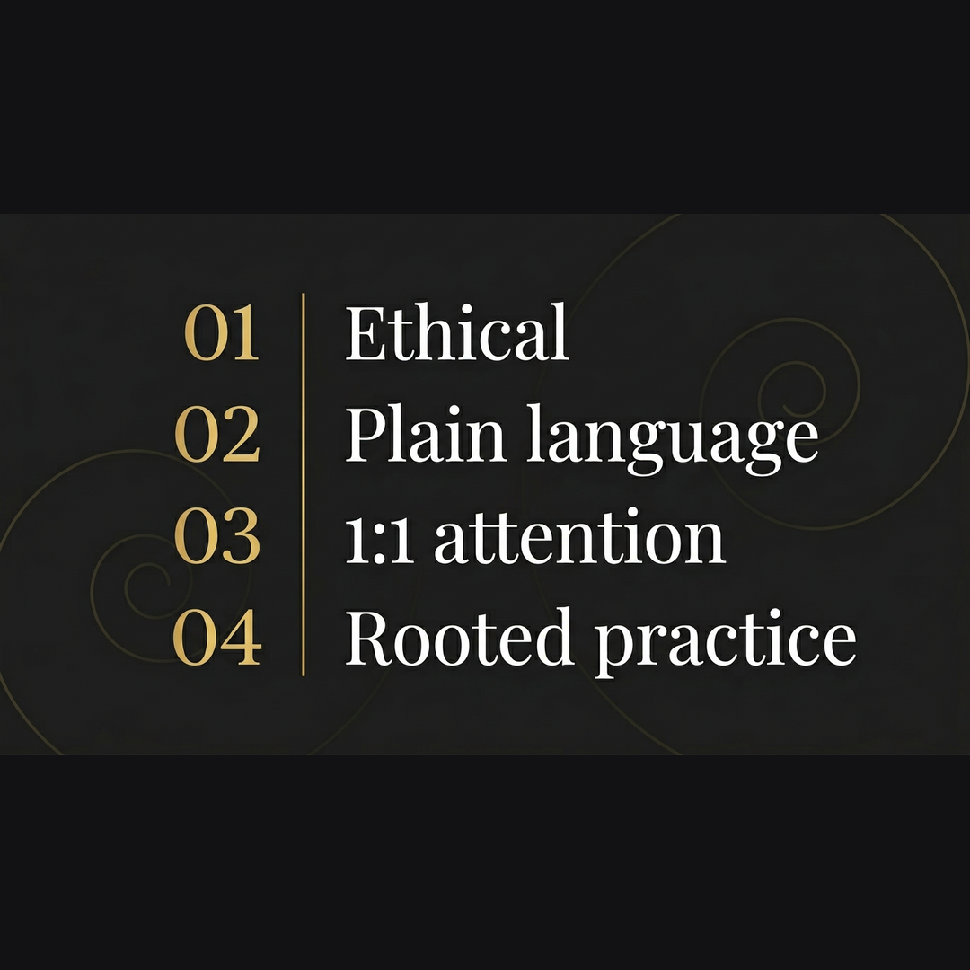 Graphic summarizing four session qualities: ethical framing, plain language, one-to-one attention, and rooted practice.
