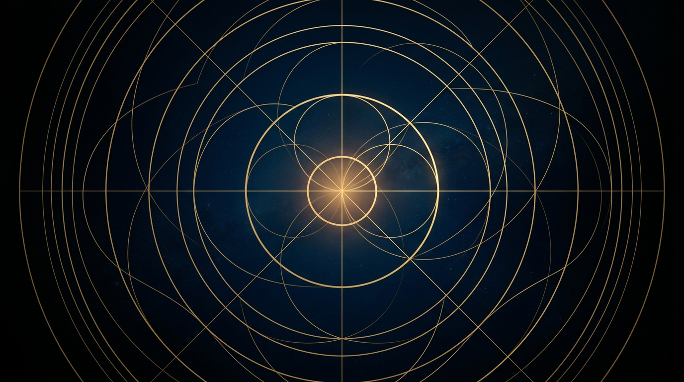 Abstract overlapping gold circular arcs on a dark field — layered timing and chart depth.