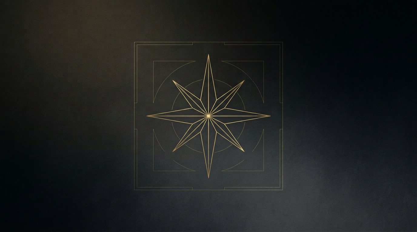 Minimal gold compass rose on a dark field — directions and balanced space.